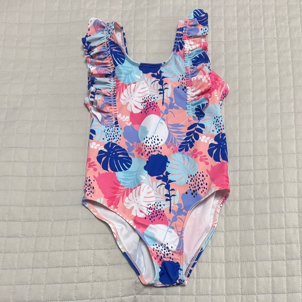 Girls' Pink Tropical Ruffle One-Piece Swimsuit Sz 5T Brand New